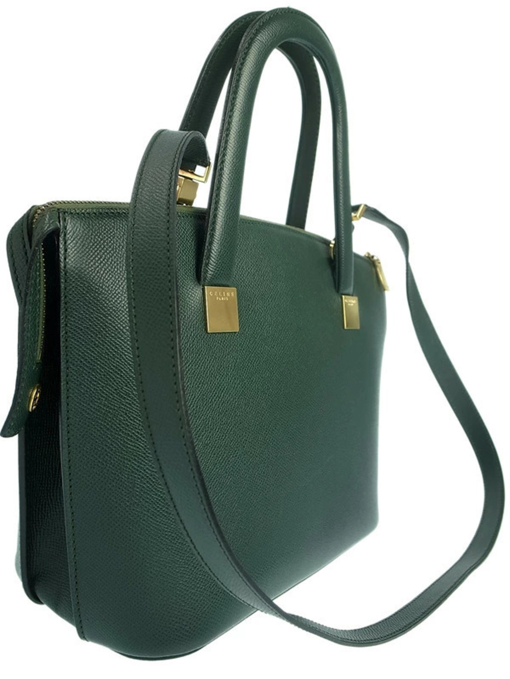 Celine body grained 2way top zip satchel closure Green calfskin